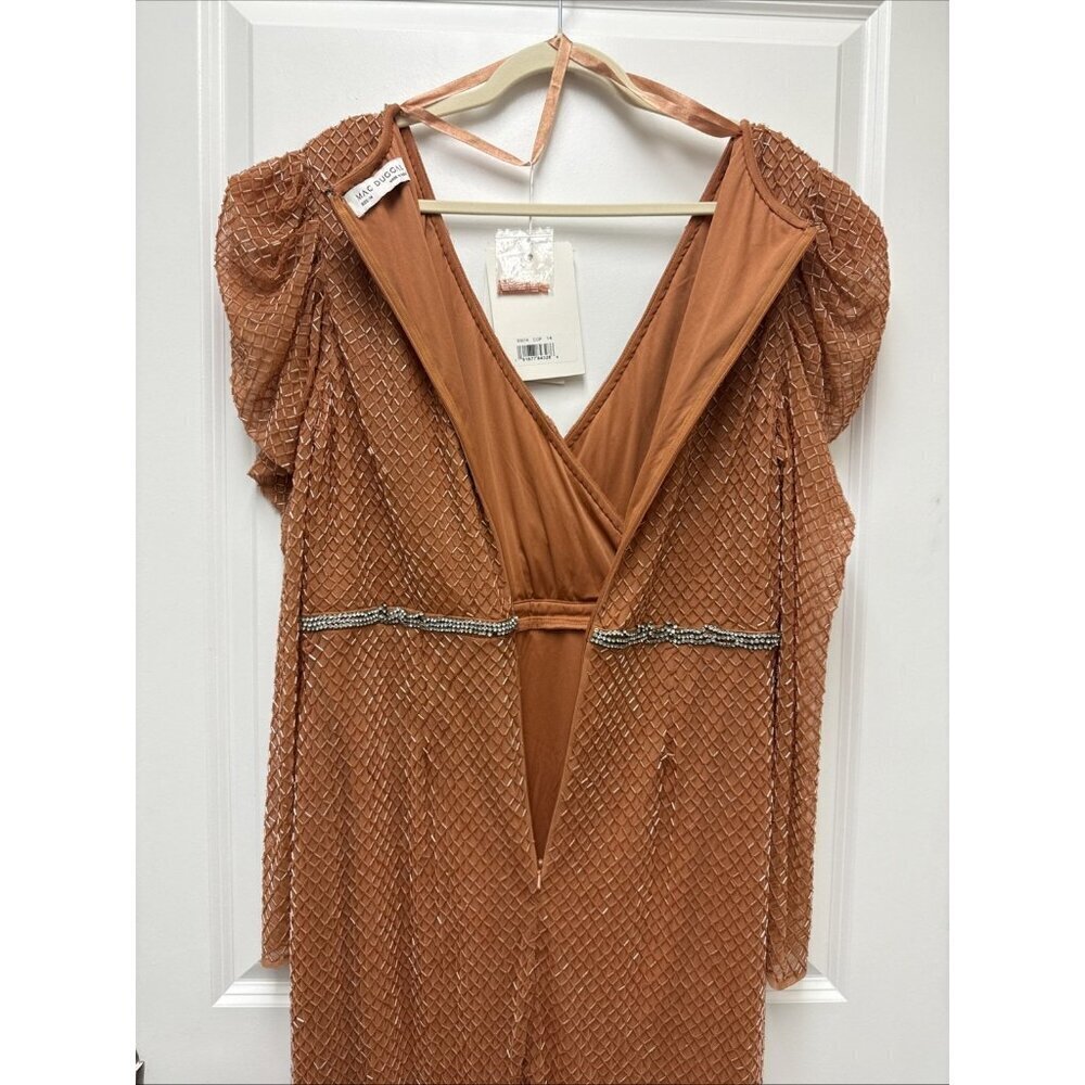 Mac Duggal Size 14 Orange Beaded Wrap Over Puff Sleeve Midi Dress Rhinestone NWT - Picture 8 of 10